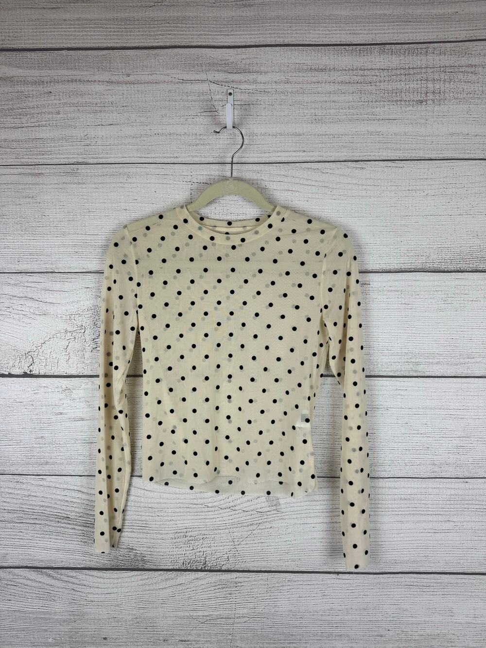 Shein Women's Ivory & Black Polka Dot Mesh Long Sleeve Top Size Large